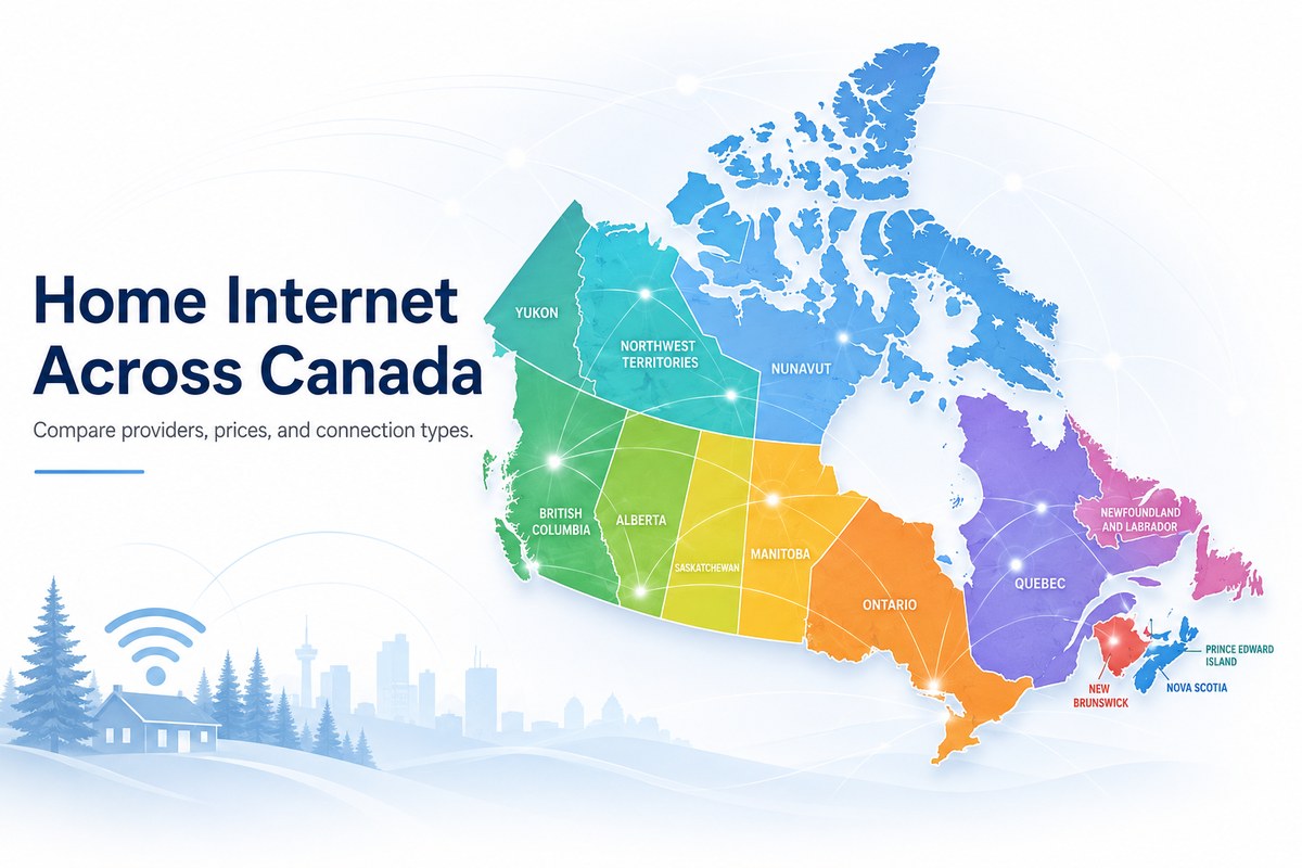 Colour map of Canada showing home internet comparison across provinces and territories